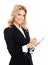 Young businesswoman with clipboard writing, isolated against white background.