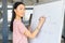 Young businesswoman draws a graph on an interactive whiteboard in the office