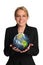 Young businesswoman holding the earth