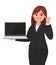 Young businesswoman holding a new brand laptop and showing raised hand fist gesture. Person making success sign. Female character.
