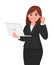 Young businesswoman holding a new digital laptop computer and showing raised hand fist. Female character design illustration.