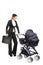 A young businesswoman pushing a baby stroller