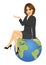 Young businesswoman sitting on top of Earth planet and showing something