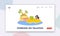 Young Businesswoman Working on Vacation Landing Page Template. Female Character Swim on Inflatable Ring in Ocean