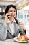 Young businesswomen eating in restaurant