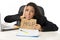 Young busy desperate Latin businesswoman holding help sign sitting at office desk in stress worried