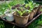 Young cabbage seedlings in individual containers or plant pots are placed on a tray on the green grass. Growing cabbage