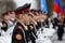 Young cadet drummer standing in line at the Victory Day parade.