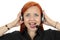 Young call center secretary consultant woman screaming on the phone