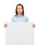 Young calm businesswoman with white blank board