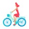 Young carefree lady riding bicycle semi flat color vector character