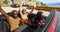 Young carefree people on summer holiday having fun driving in red convertible