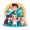 Young caretaker with mixed breed dogs enjoying themselves after a walk in nature. Dog Walking Service. Cartoon vector illustration