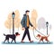 Young caretaker with mixed breed dogs enjoying themselves after a walk in nature. Dog Walking Service. Cartoon vector illustration