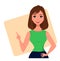 Young cartoon businesswoman making gesture pointing something. Beautiful girl presenting business plan, startup. Closeup.