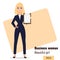 Young cartoon businesswoman standing. Beautiful blonde girl in office clothes showing checklist