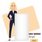 Young cartoon businesswoman standing. Beautiful blonde girl in office clothes standing near big blank banner.