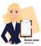 Young cartoon businesswoman wearing business style clothing. Fashionable blond modern lady.