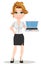 Young cartoon businesswomen. Beautiful smiling girl in working situation. Fashionable modern lady holding laptop