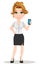 Young cartoon businesswomen. Beautiful smiling girl in working situation. Fashionable modern lady holding smartphone.