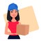 Young cartoon girl from courier delivery services holding large cardboard box. Packaging for delivery of the goods