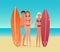 Young cartoon surf group of people. Guy man and girl woman with a surfboard on the sea ocean beach.
