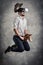 Young caucasian adult man enjoy experiencing immersive Virtual Reality cowboy game simulation.VR portrait concept with