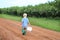 Young caucasian boy collecting berries in a peach orchard walking down a dirt road alongside the peach trees