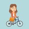 Young caucasian business woman riding bicycle.