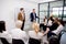 Young caucasian businessman asking opinion and brainstorm of employee while raise hand up for participation together.