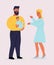 Young caucasian couple with newborn. Father with beard holds a kid on his hands. Blonde mom holds out her hands. cartoon