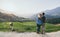 Young Caucasian couple overlooking rice terraces of Sapa at sunset in Lao Cai region of Vietnam