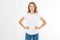 Young caucasian, europian woman, girl in blank white t-shirt. t shirt design and people concept. Shirts front view isolated