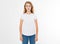 Young caucasian, europian woman, girl in blank white t-shirt. t shirt design and people concept. Shirts front view isolated