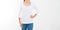 Young caucasian, europian woman, girl in blank white t-shirt. t shirt design and people concept. Shirts front view isolated on whi