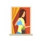 Young caucasian girl standing near window and watering flower. View on apartment building from street. Cartoon brunette