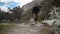 young caucasian man hiking through a mountainous landscape