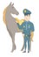 Young caucasian police officer and horse.