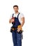 Young caucasian repairman worker holding cordless screwdriver