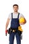 Young caucasian repairman worker with yellow hard hat holding cordless screwdriver