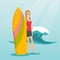 Young caucasian surfer holding a surfboard.