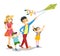 Young caucasian white family playing with a kite.