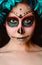Young caucasian woman in catrina calavera style makeup vertical portrait close up face
