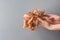 Young caucasian woman florist holds in hand bouquet made of tree branches with dry golden leaves on gray wall. Thanksgiving