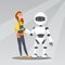 Young caucasian woman handshaking with robot.