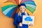 Young caucasian woman holding rain draw and umbrella sticking tongue out happy with funny expression