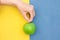 Young Caucasian Woman Holds in Hand by Stem Green Organic Apple Duotone Yellow Blue Painted Wall. Vitamins Healthy Lifestyle Vegan