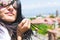 Young caucasian woman overlooks panoramic view