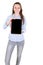 Young caucasian woman presenting black screen empty digital tablet