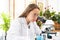 Young Caucasian woman scientist looking through a microscope in a laboratory for doing research. Students analyze biochemical.